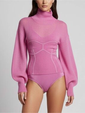 Herve Leger Pink Mohair Blend Paneled Knit Turtleneck Bodysuit Corset Top XXS